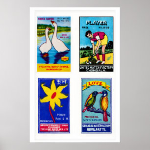 Poster Étiquettes de boîtes d'allumettes indiennes bleues