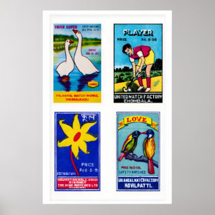 Poster Étiquettes de boîtes d'allumettes indiennes bleues