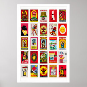 Poster Étiquettes de boîtes d'allumettes rouges Collage, 
