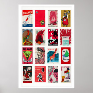 Poster Étiquettes de boîtes d'allumettes rouges en grille