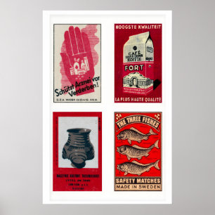 Poster Étiquettes de boîtes d'allumettes rouges et beige 