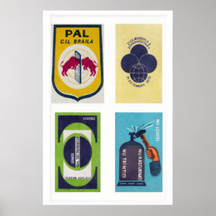Poster Étiquettes de boîtes d'allumettes roumaines bleu f