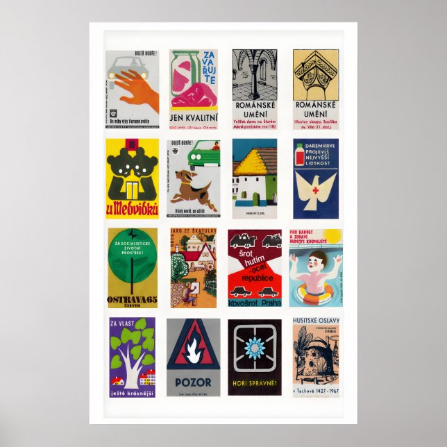 Poster Étiquettes de Boîtes d'Allumettes Tchèques sur Gri (Devant)