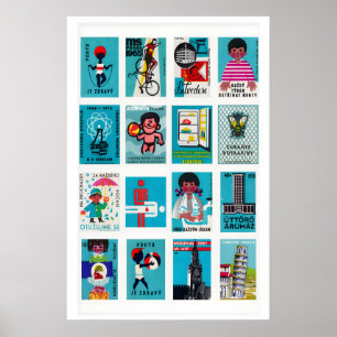 Poster Étiquettes de Boîtes d'Allumettes Turquoise en Gri