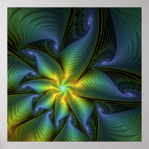 Poster Etoile Abstraite, Bleu brillant Vert Or Fractal Ar