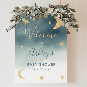 Poster Etoile de lune d'or bleu aquarelle baby shower acc