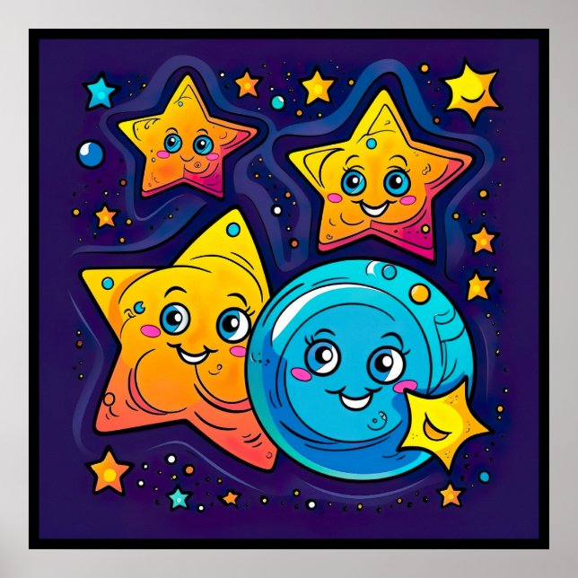 Poster Étoiles amusantes et mignonnes avec la Lune dans l (Devant)