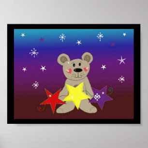 Poster Étoiles et flocons de neige avec petit ours