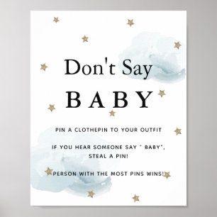 Poster Etoiles et nuages bleus Baby shower Ne pas dire bé