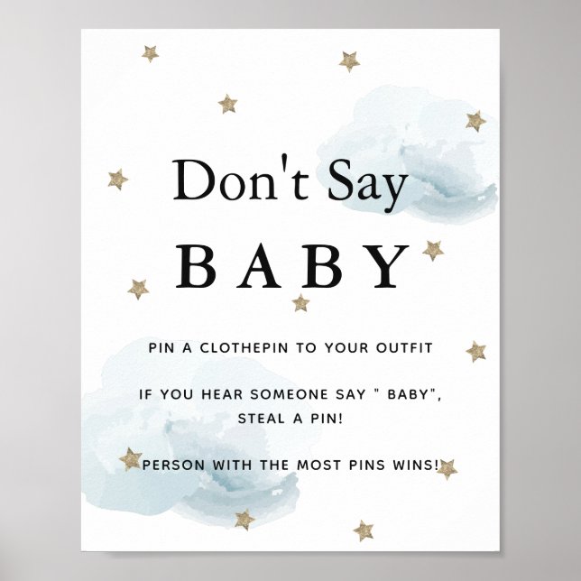 Poster Etoiles et nuages bleus Baby shower Ne pas dire bé (Devant)