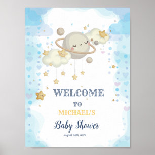 Poster Etoiles Planète Nuages Baby shower bleu
