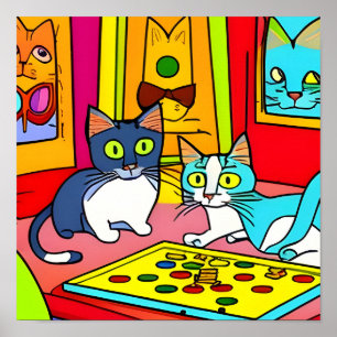 Poster Étrange Chats jouant à des jeux de société