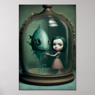 Poster Étrange fille Imaginaire et Aquarium Créature