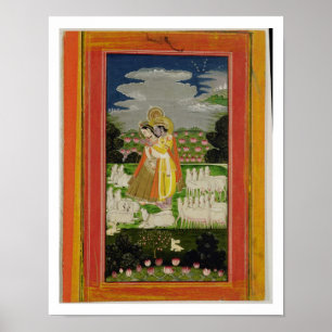 Poster Étreinte de Radha et de Krishna dans un landscap