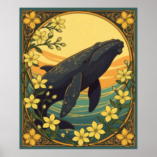 Poster Eubalaena glacialis Et Fleurs Jaunes De Jasmin