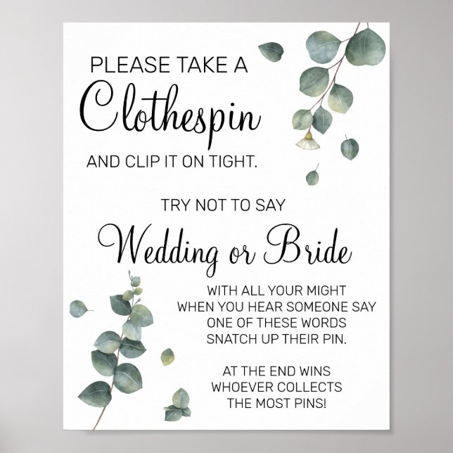Poster Eucalyptus Clothespin signe de la douche nuptiale (Devant)