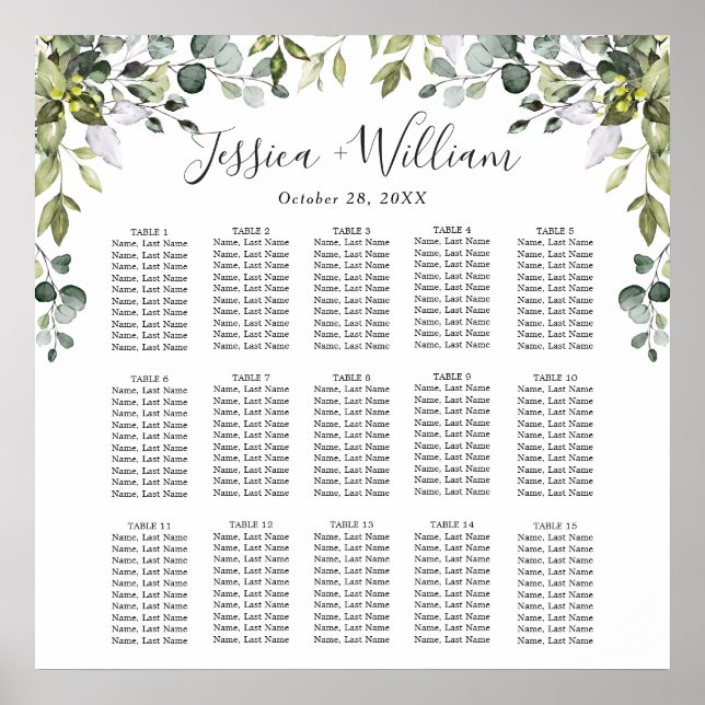 Poster Eucalyptus Floral 15 Tables Mariage CHART DE SIÈGE (Devant)