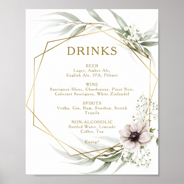 Poster Eucalyptus Gold Mariage géométrique Boissons Menu  (Devant)