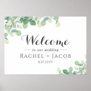 Poster Eucalyptus Green Mariage Script simple Bienvenue