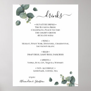 Poster Eucalyptus Mariage Boissons Menu Signer