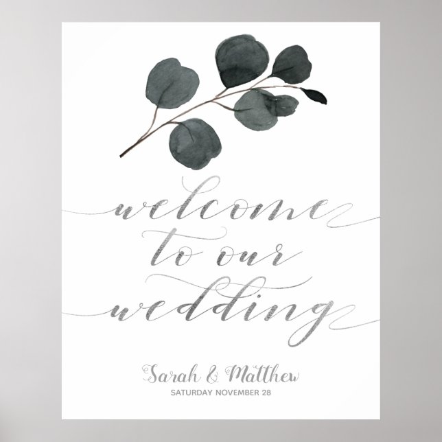 Poster Eucalyptus Noir & Argent Bienvenue À Notre Mariage (Devant)