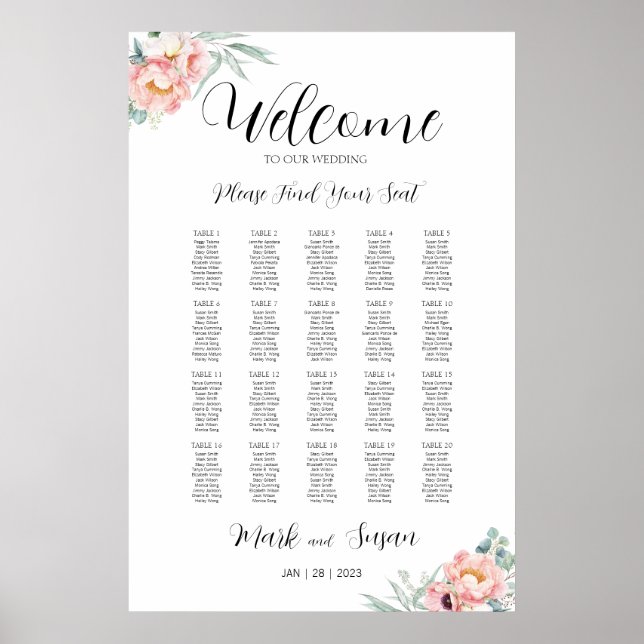Poster Eucalyptus Peonies Mariage Welcome Chart (Devant)