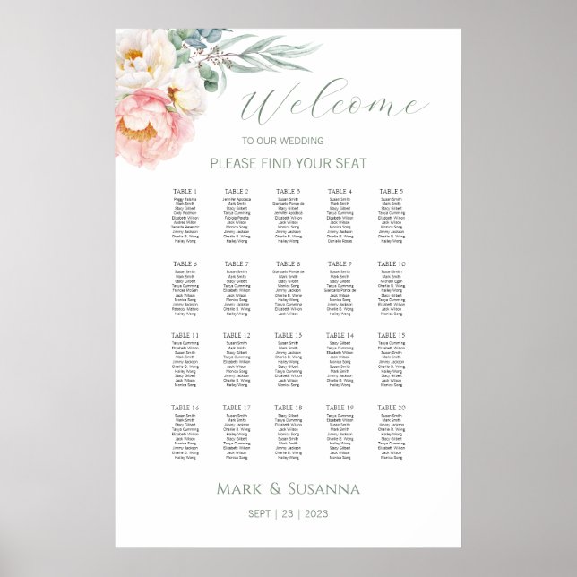 Poster Eucalyptus Peonies Mariage Welcome Chart (Devant)