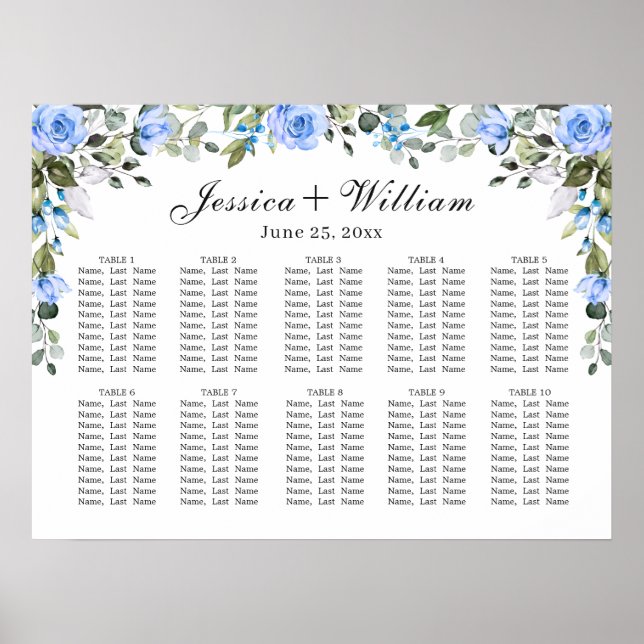 Poster Eucalyptus & Rose 10 Tables Mariage CHART DE SIÈGE (Devant)