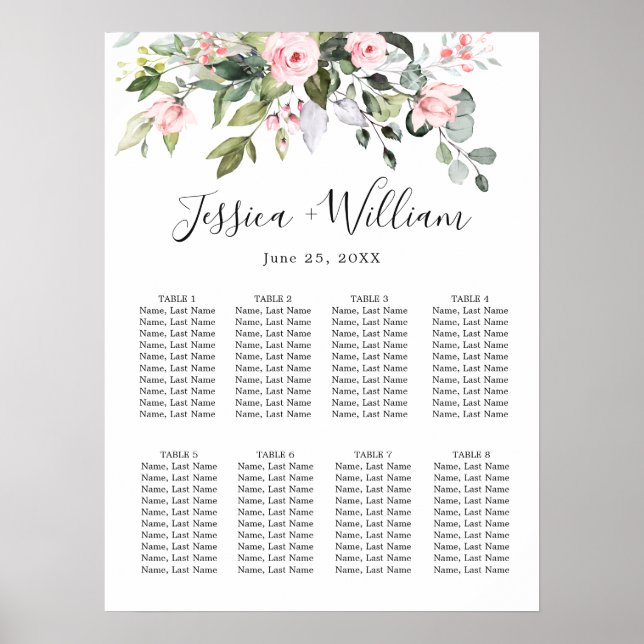 Poster Eucalyptus & Rose 8 Tables Mariage CHART DE SIÈGE (Devant)