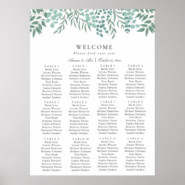 Poster Eucalyptus Rustic Greenery Mariage Carte de siège (Devant)