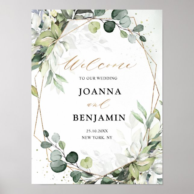 Poster Eucalyptus Sage Greenery Mariage géométrique Bienv (Devant)