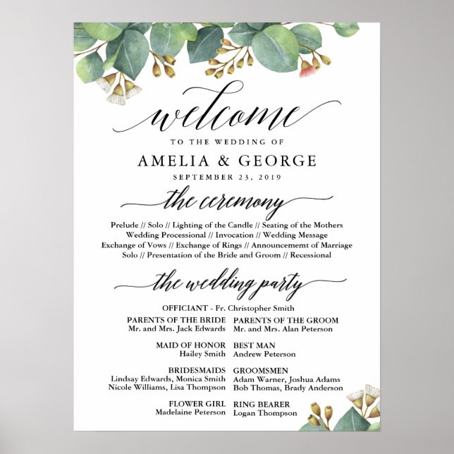 Poster Eucalyptus signe du programme de mariage (Devant)