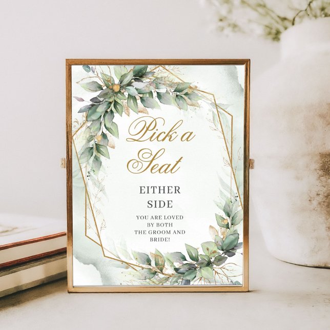 Poster Eucalyptus verdure & or Choisir un siège de chaque (Bohemian green eucalyptus and gold wedding tabletop sign)