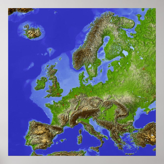 Poster Europe, carte de relief ombragée (Devant)