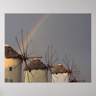 Poster Europe, Grèce, Mykonos. moulin à vent avec arc-en-