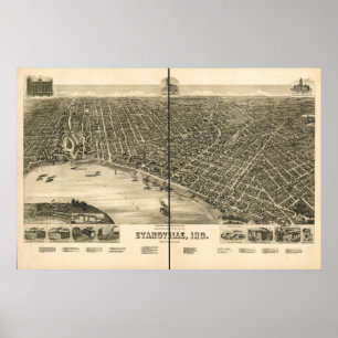 Poster Evansville Indiana 1888 Antique Panoramic Map