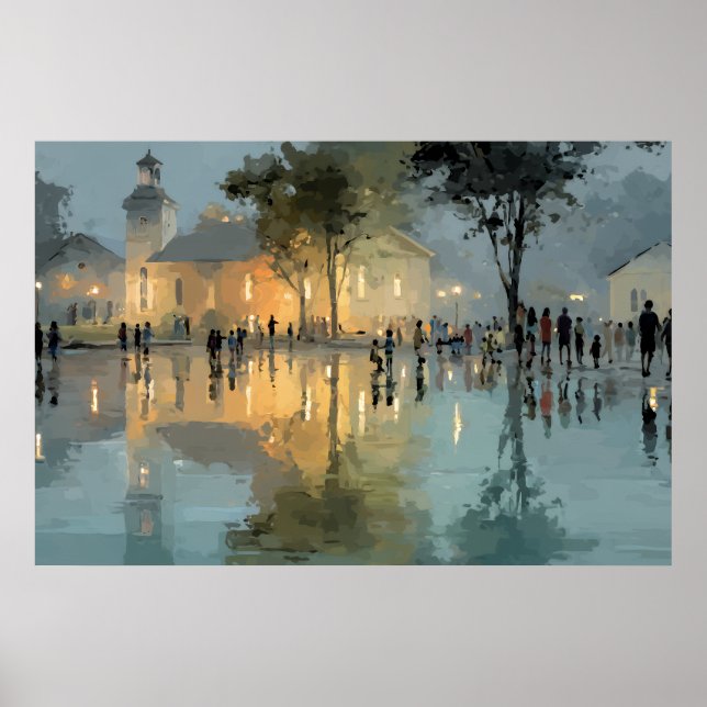 Poster Evening Church Square Rain Reflections (Devant)