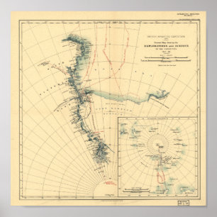 Poster Expédition Antarctique et enquêtes Antique Carte 1