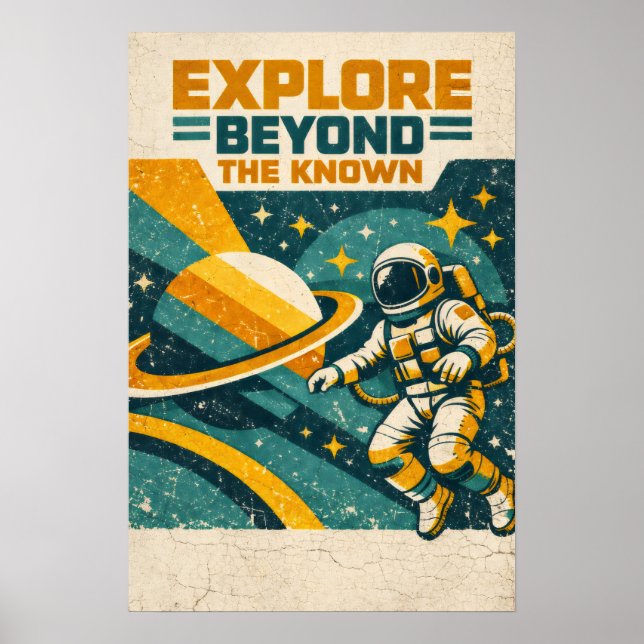 Poster Explore Beyond the Known — Retro Space Voyage (Devant)