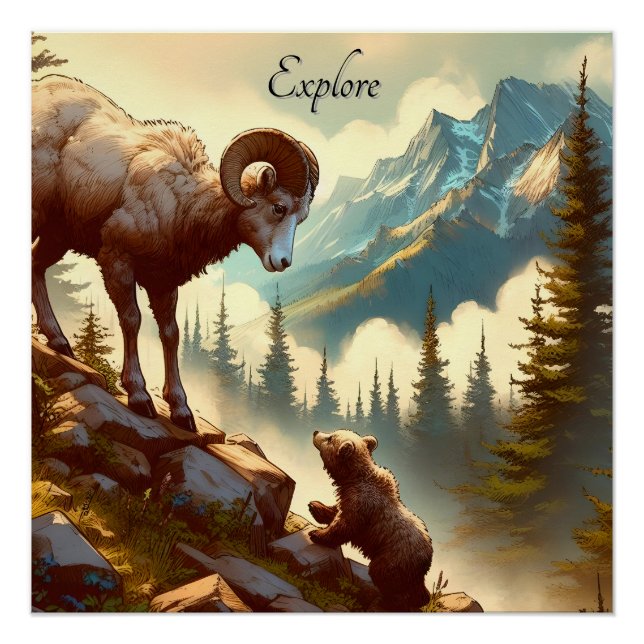 Poster Explorez Bighorn Sheep Grizzly Cub Mountain (Devant)
