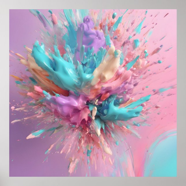 Poster Explosion Peinture Abstraite rose Turquoise Lilac (Devant)