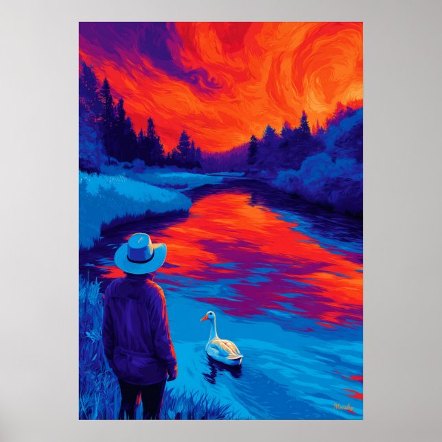 Poster Expressionist River Sunset Contemplation Art (Devant)