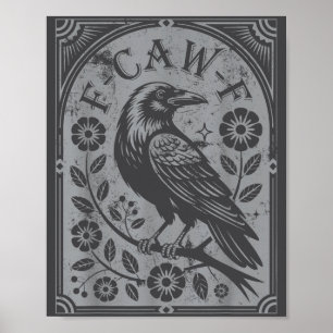 Poster F-caw-f Rétro Fleurs de Corbeau Noir Art Drôle de