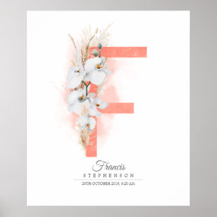 Poster F Lettre Monogramme Orchidées blanches et laiton d