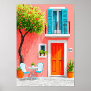 Poster Façade italienne avec un arbre en fleurs