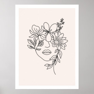 Poster Face de la Dame avec fleurs Line Art Print