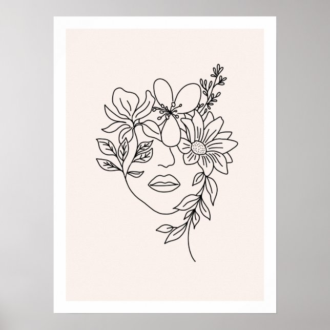 Poster Face de la Dame avec fleurs Line Art Print (Devant)