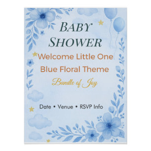 Poster Faire-part de Baby Shower Paquet de Joie Bleu Flor