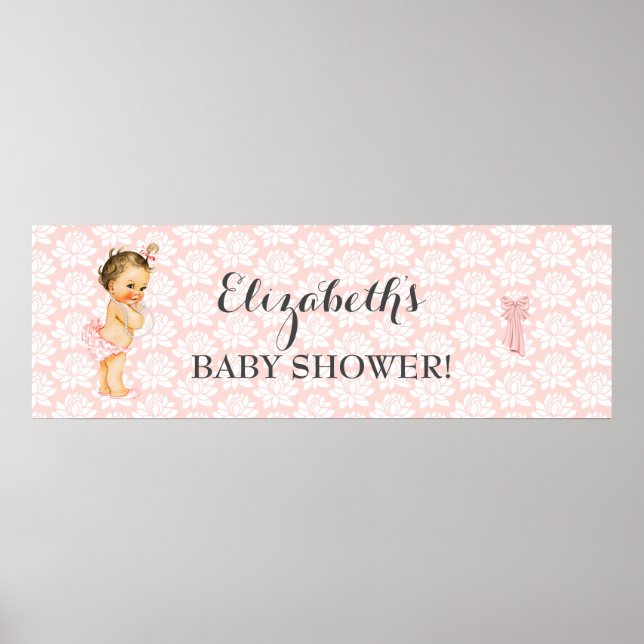 Poster Faire-part de douche rose et blanche pour bébé vin (Devant)