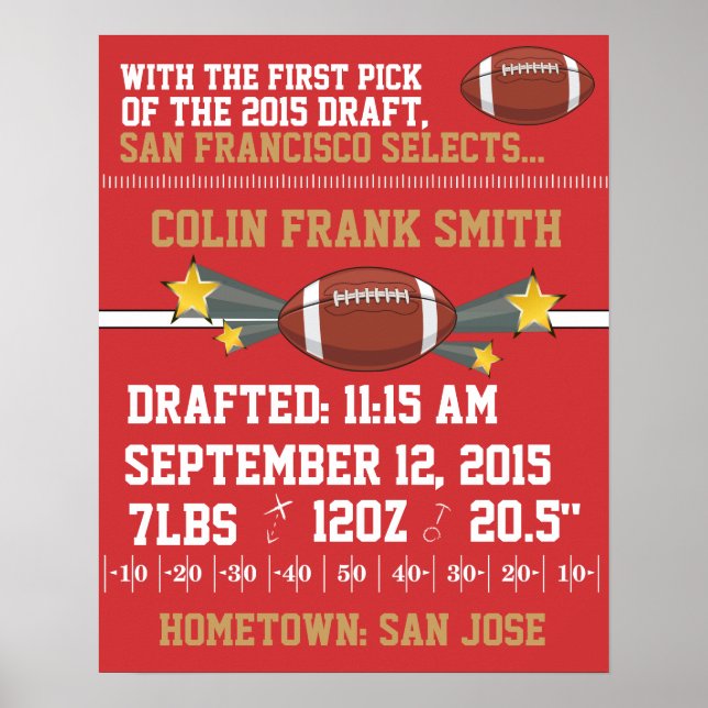 Poster Faire-part de naissance de football - Rouge & Or (Devant)